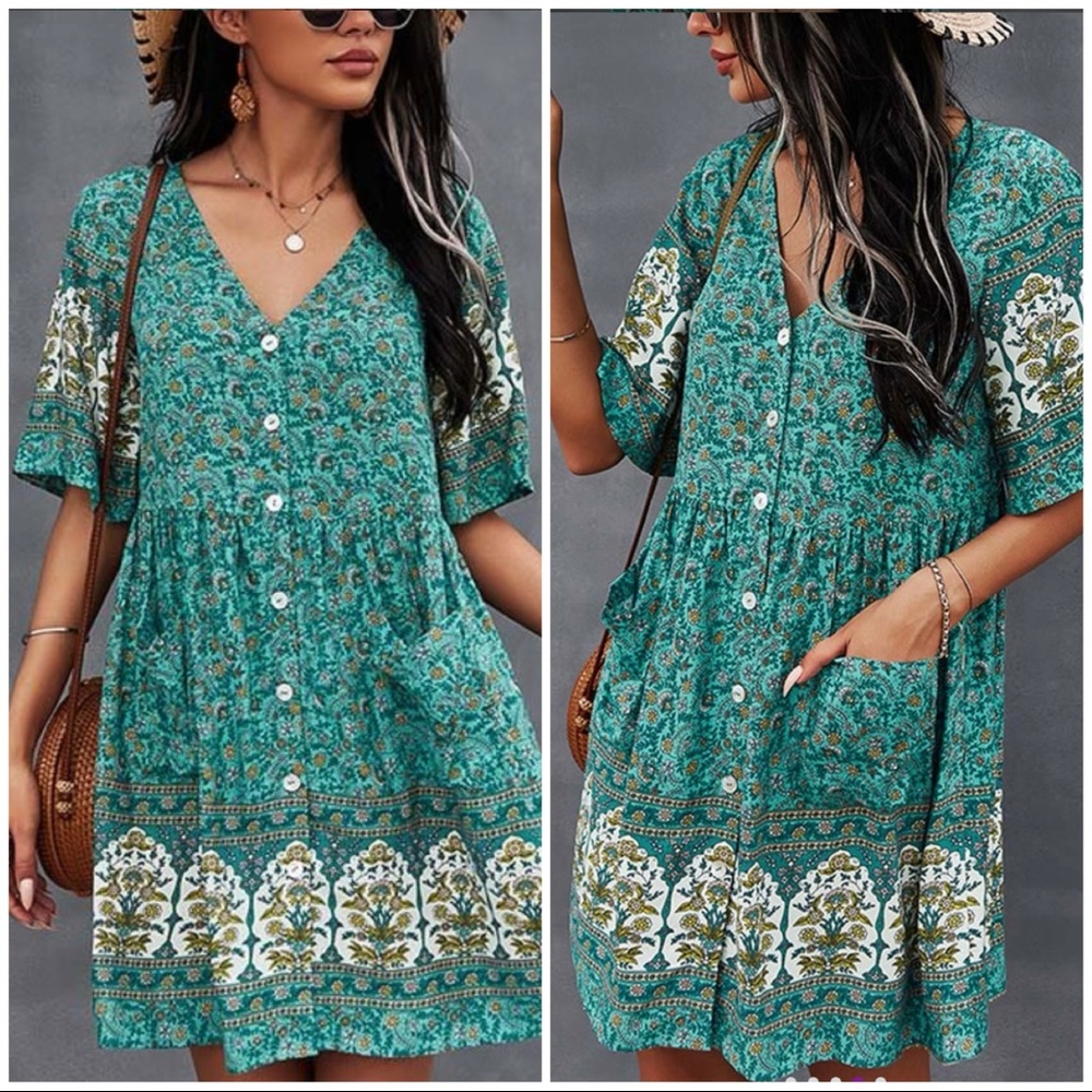 NWT Green Floral Button Front Pocket Shift Dress | Size Medium